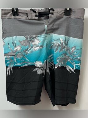 O'Neill Gray, Aqua & Black Floral Swim Trunks